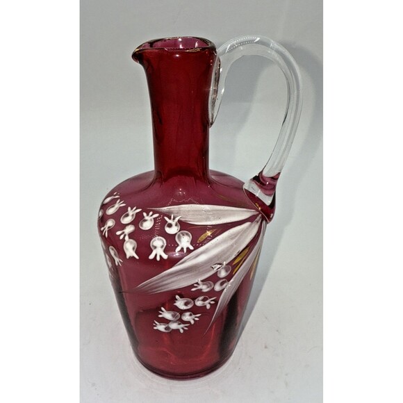 Vintage Victorian Cranberry Glass Jug W/Hand Painted White Flowers Gold Trim 7” - Picture 2 of 16
